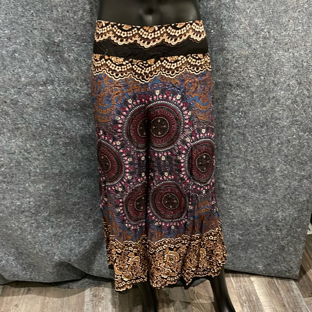 NEW WOMENS XL Multi Color Hippie Pull On Stretch High Waist Pants CUTE!